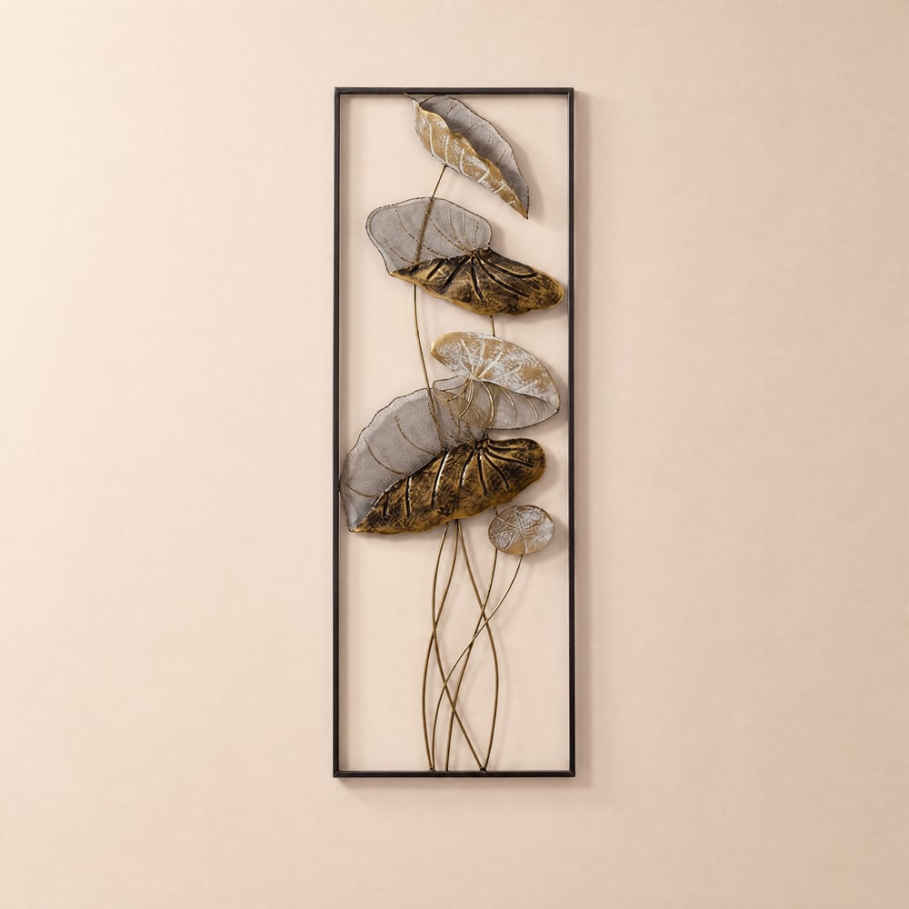 910 mm 2-delige metalen wanddecorset met lotusbladeren voor de woonkamer met zwart frame Vensterafbeelding