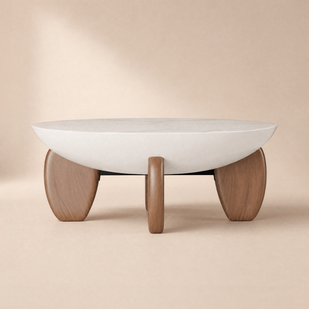 Curva 37" Round Concrete-Look Fiberglass Coffee Table with Wood Legs window image