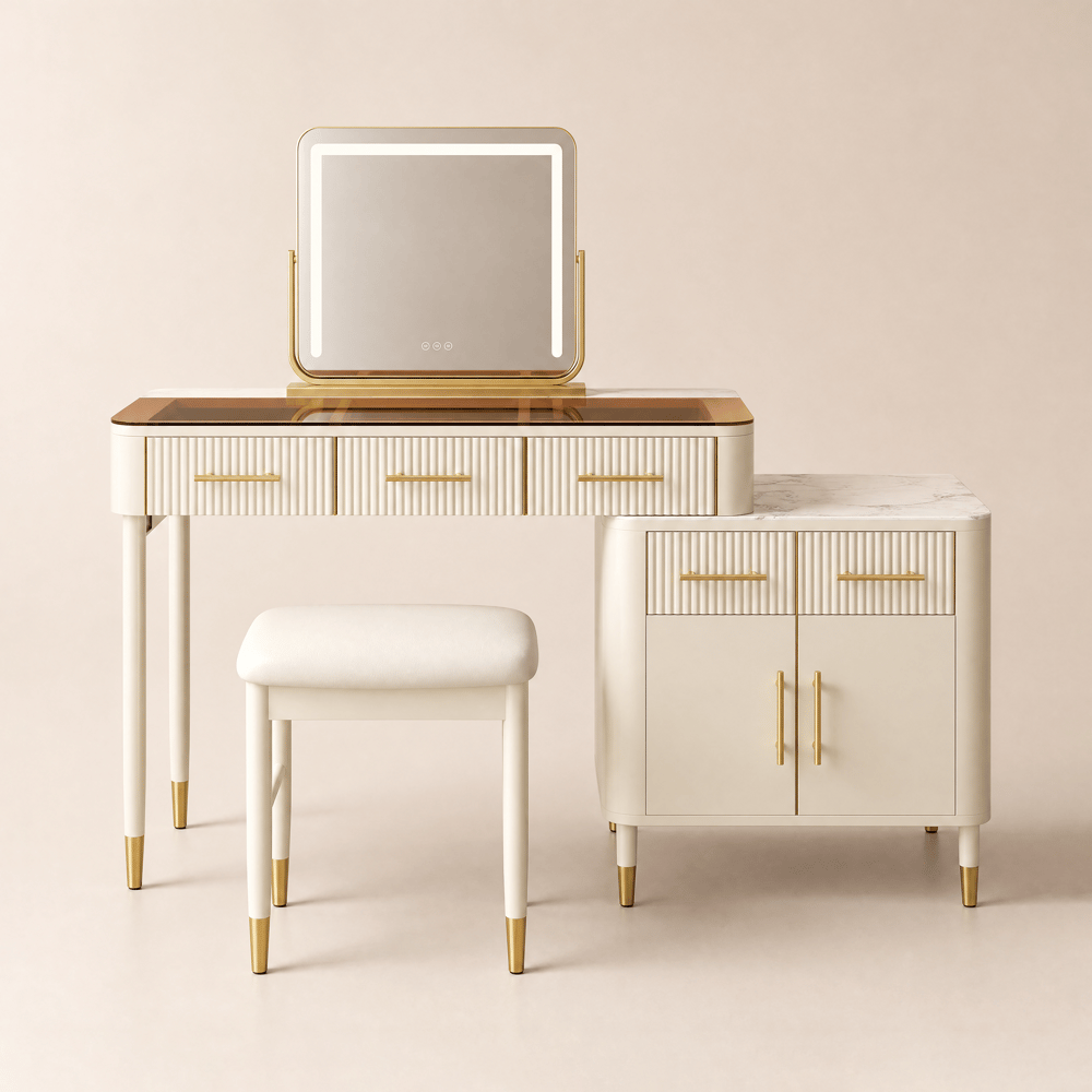 white glass sintered stone dressing table set with mirror window image
