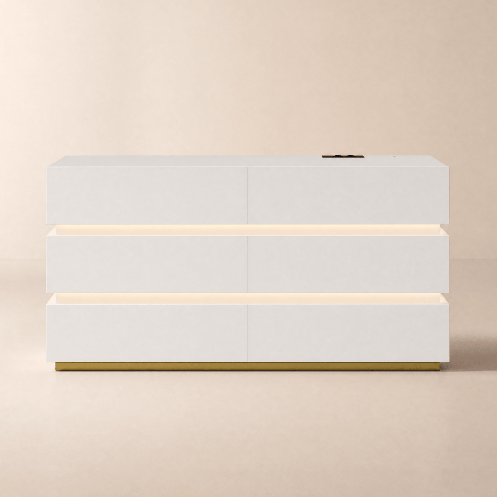 LED-Kommode Lumio mit 6 Schubladen und Ladestation in Weiß, 150 cm Schaufensterbilder