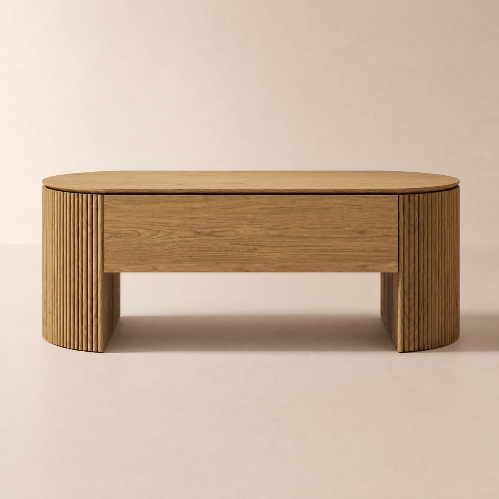 Table basse ovale cannelée 119 cm à plateau relevable, finition naturelle image de fenêtre