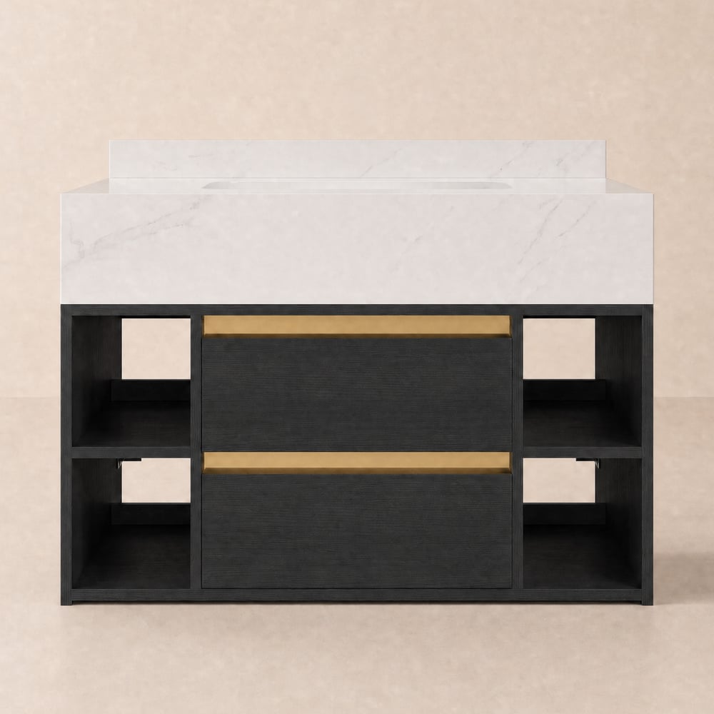 Meuble de salle de bain flottant simple 80 cm avec vasque noir, plateau pierre frittée image de fenêtre