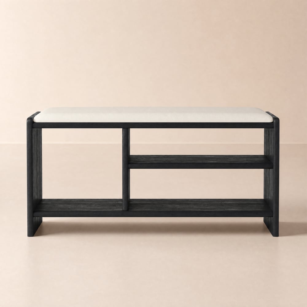 Banc d'entrée de rangement pour chaussures en bois, 1010 mm, rembourré en cuir image de fenêtre