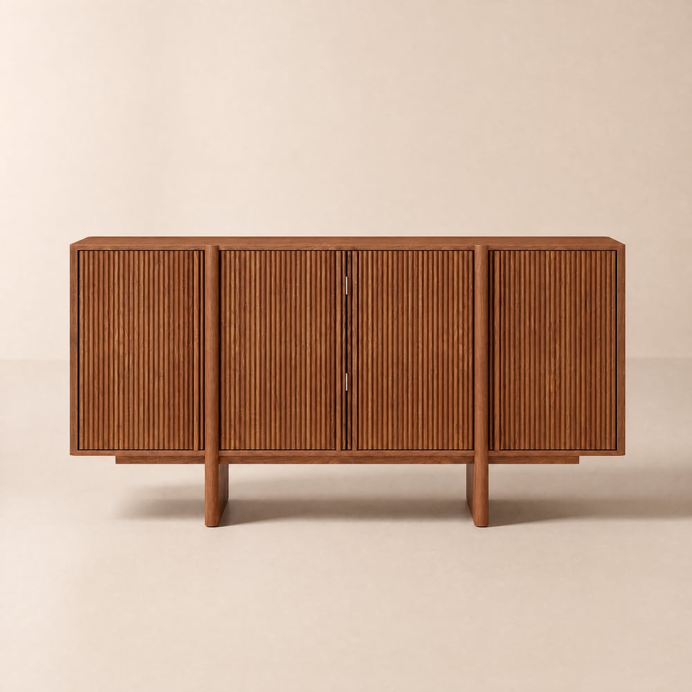 Lineva Mid Century 64" Walnut Wood Fluted Sideboard with Storage & Adjustable Shelves window image