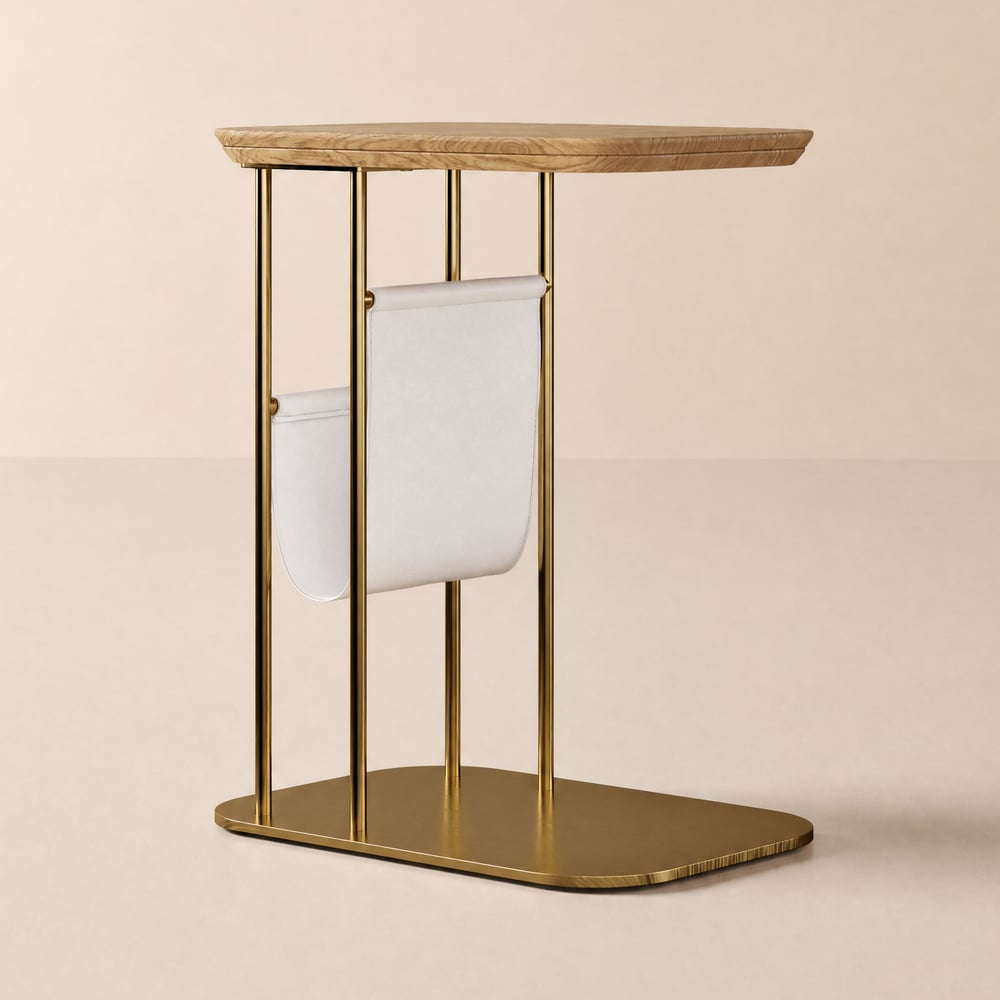 Table d'appoint pivotante moderne en forme de C de 51 cm en Naturel et Doré avec porte-revues image de fenêtre