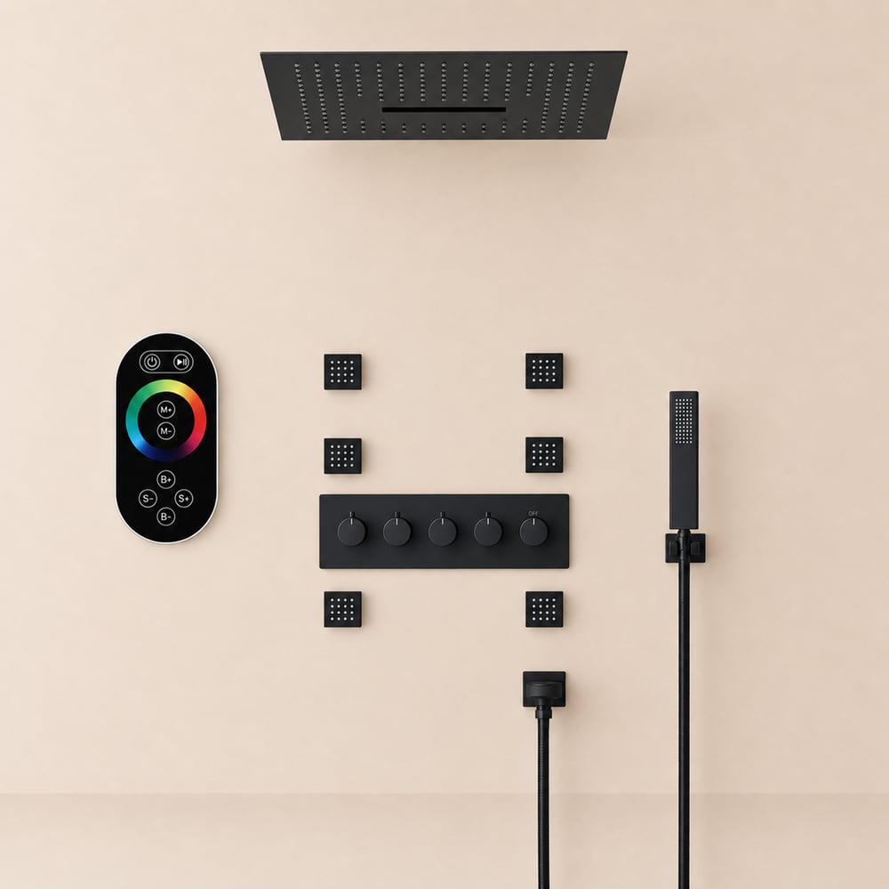 Wall-Mounted 16" Shower System in Black 4 Function Thermostatic window image