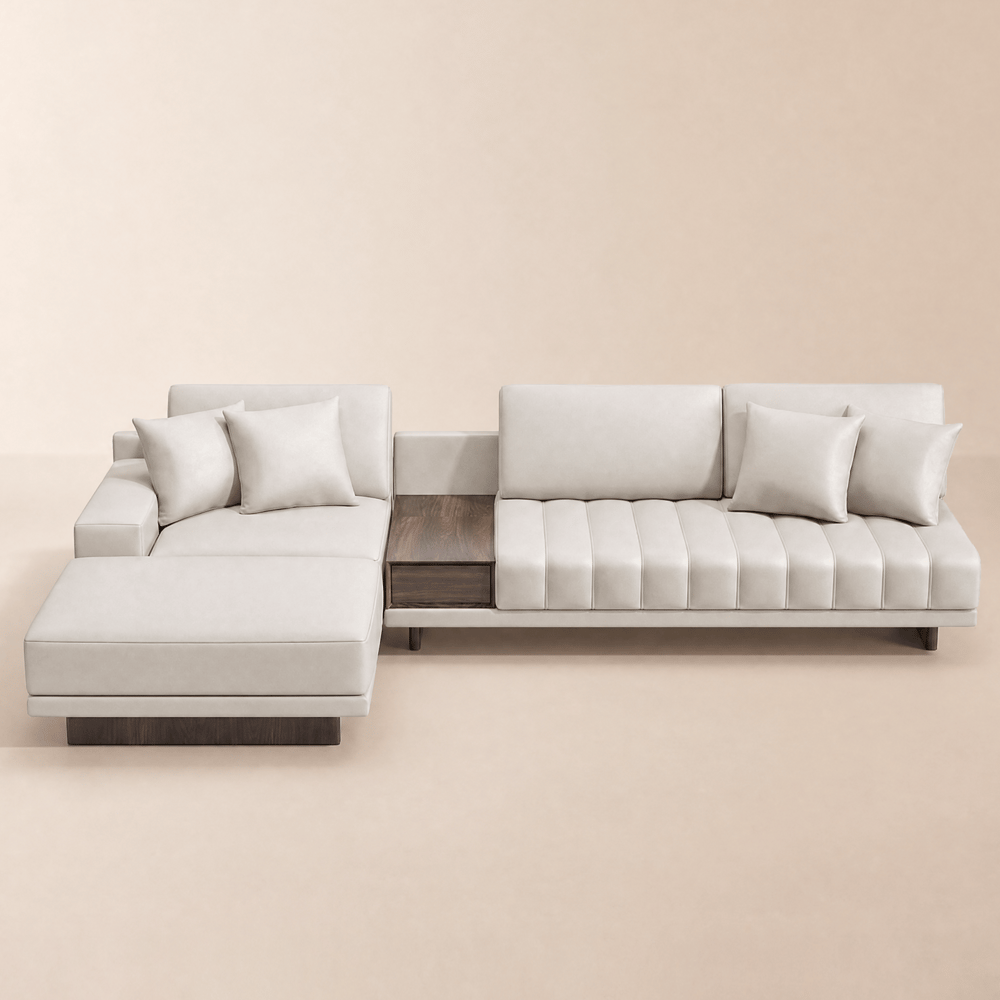 Vewal 126" L-Shaped Performance Leather Modular Sectional Sofa with Chaise & Ottoman window image