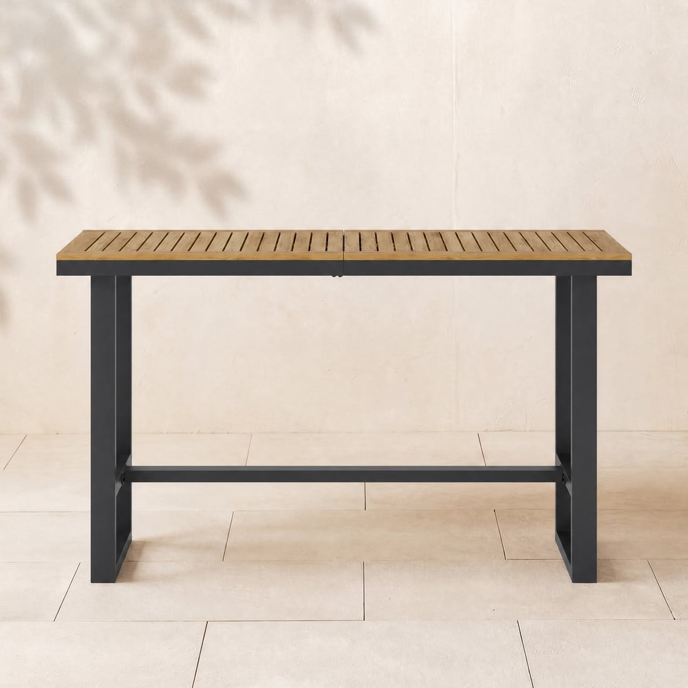 Tevara Outdoor Teak Wood Slat Top & Dark Grey Aluminium Frame Bar Table for Patio window image