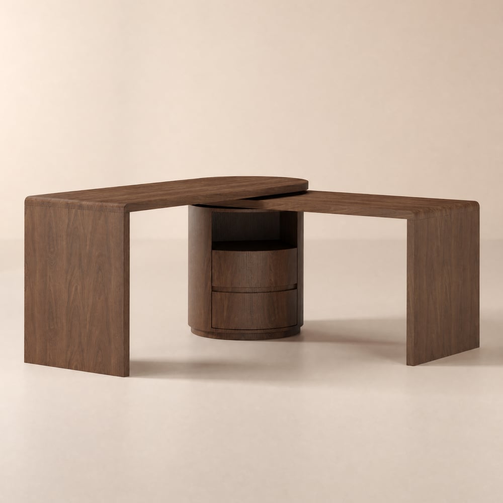 Modern 60" L-Shaped Walnut Office Desk with Drawers, Rotating Design window image