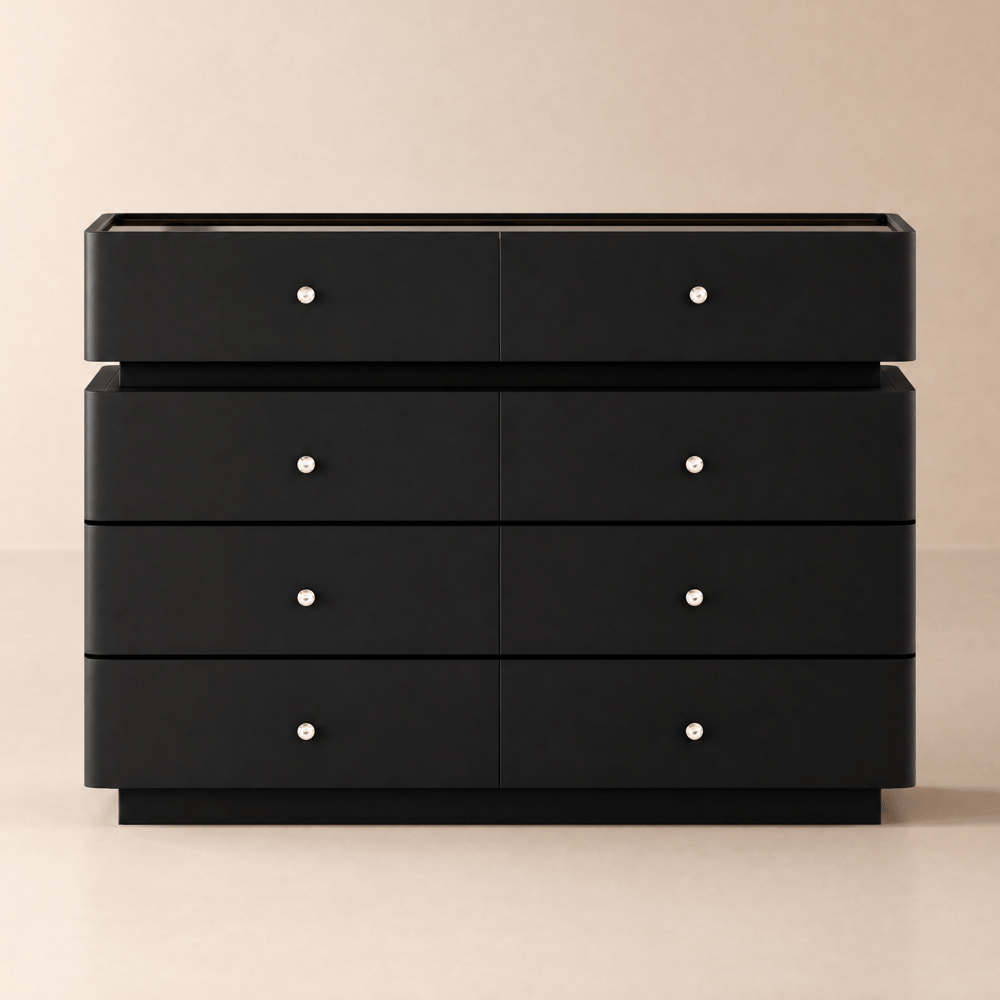 Modern 120 cm Tempered Glass Top 8-Drawer Black Dresser with LED and Jewelry Trays window image
