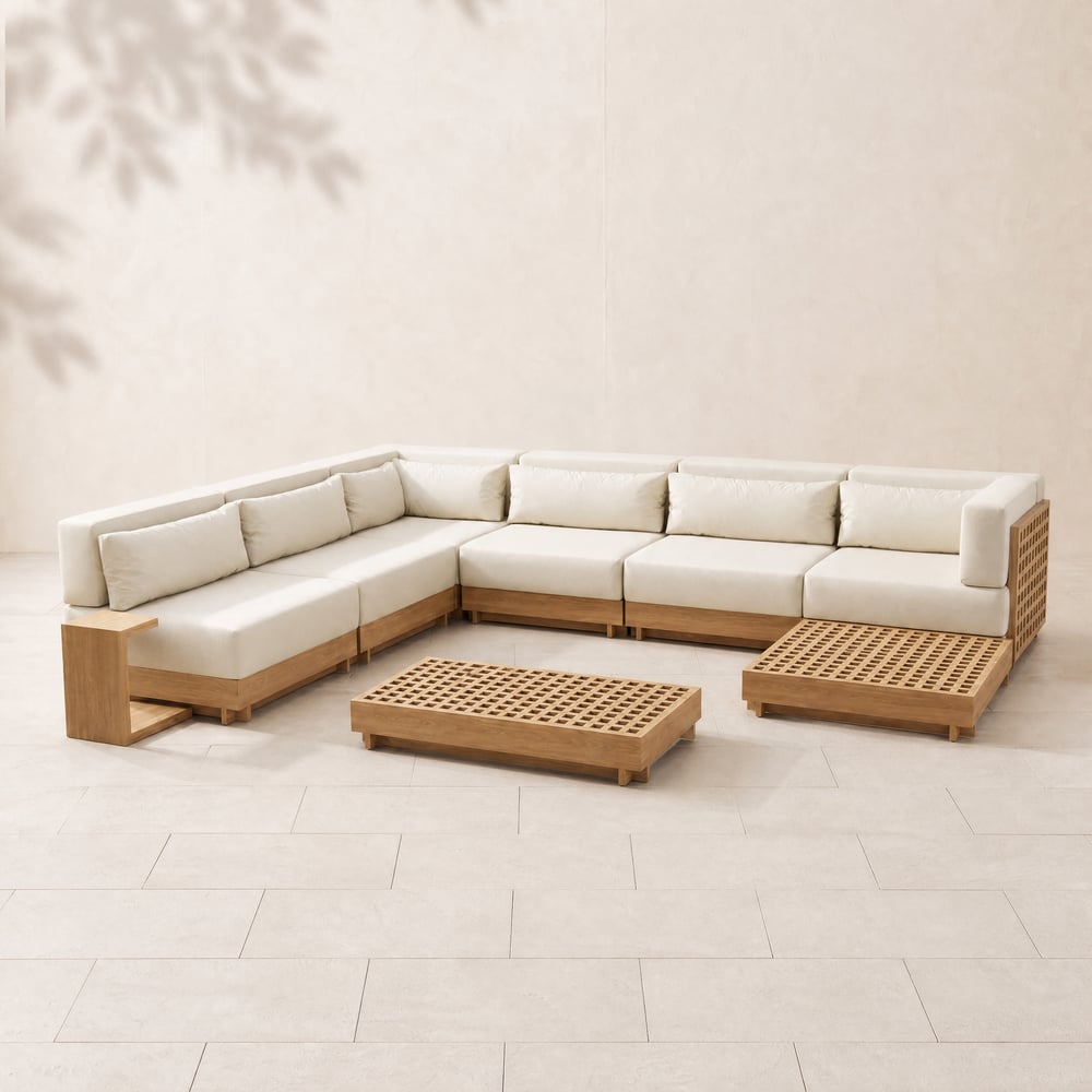 9 Pieces Teak Modular Outdoor Patio Sectional Sofa Set with Coffee Table and Cushion window image