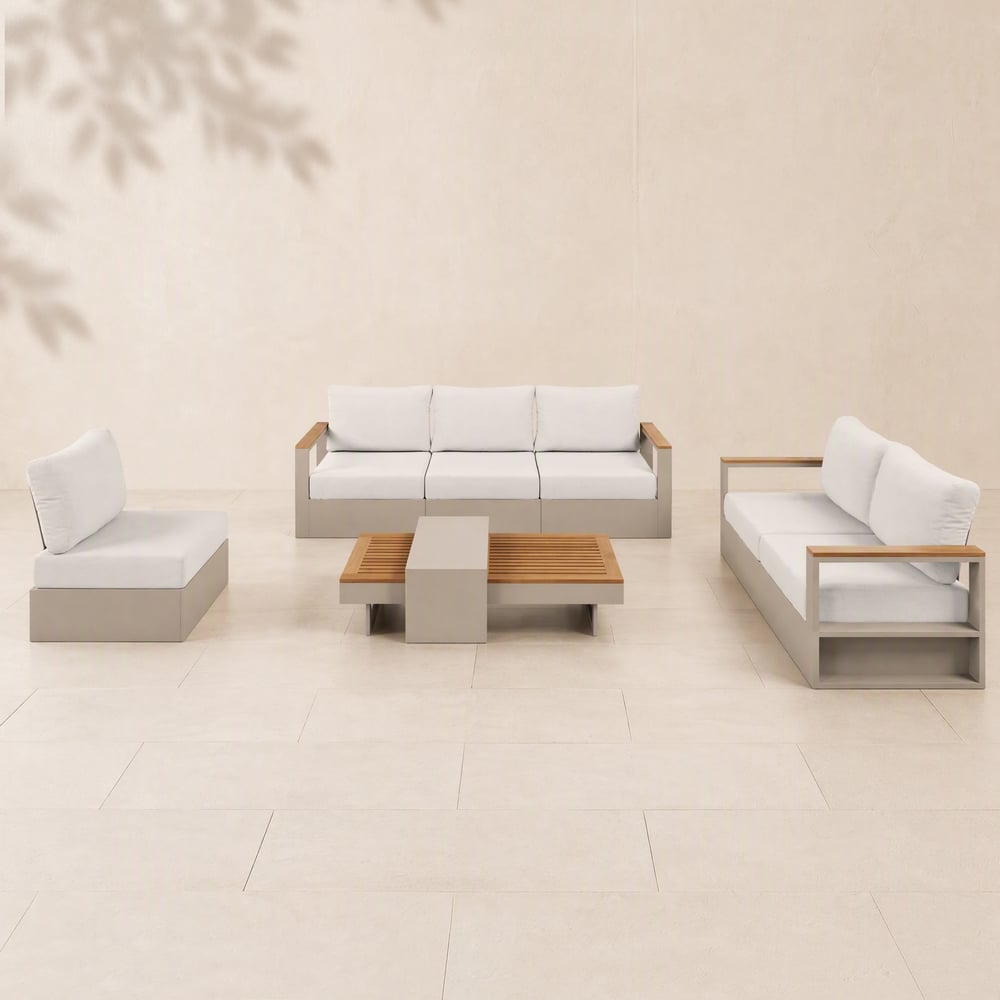 Tevara Convertible Outdoor Sectional Sofa Set with Teak & Aluminium Frame, Sand & White window image