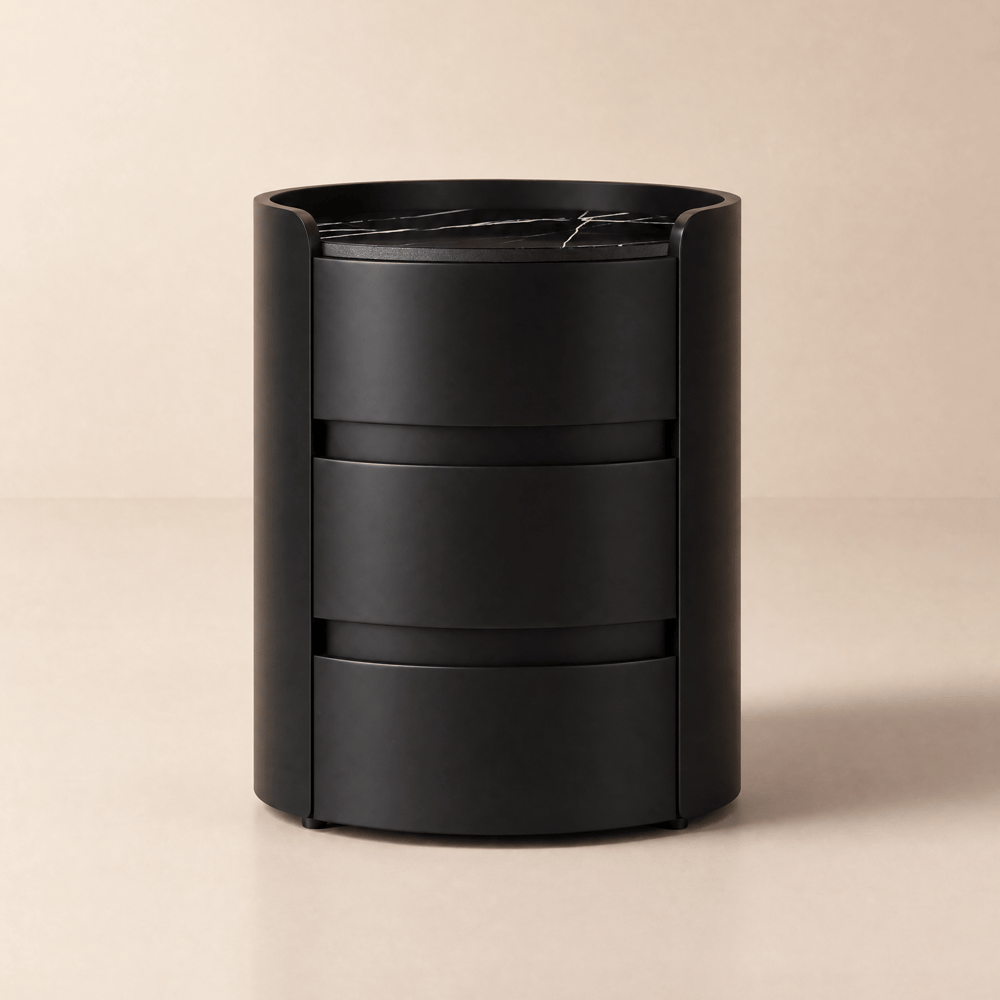 Modern white Bedside Table with 3-drawer marble and leather window image