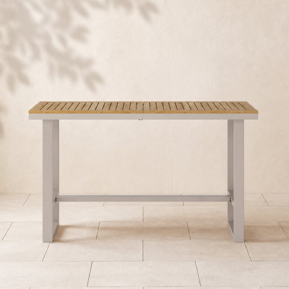 Tevara Outdoor Teak Wood Slat Top & Sand Aluminium Frame Bar Table for Patio window image