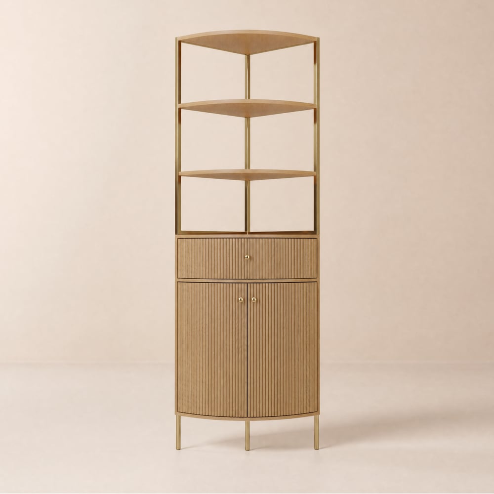 Modern 75" Natural Etagere Corner Bookshelf with Drawer and 2-Door Cabinet window image