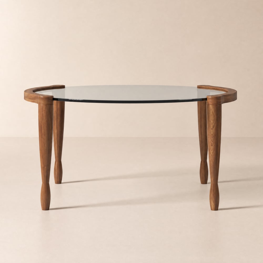 800mm Round Glass Mid Century Modern Coffee Table with Wood Legs window image