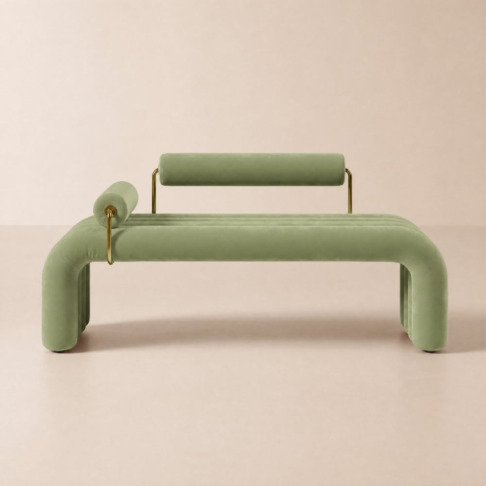 Banc capitonné Green Line moderne, banc d'entrée rembourré en velours, finition dorée image de fenêtre