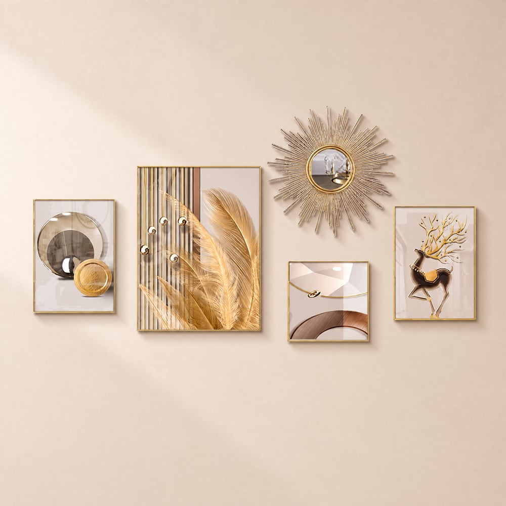 Conjunto de arte de parede de 5 peças com detalhes dourados Desenhos abstratos modernos para decoração luxuosa Imagem da janela
