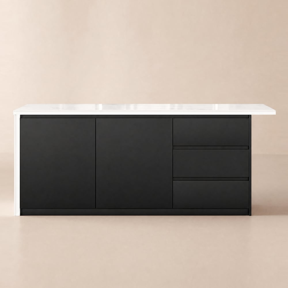 Modern 72" glanzend gesinterd stenen keukenblad met opbergruimte, wit en zwart Vensterafbeelding