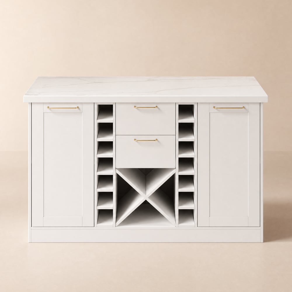 Îlot de cuisine moderne en pierre frittée blanche de 150 cm avec rangement pour le vin image de fenêtre