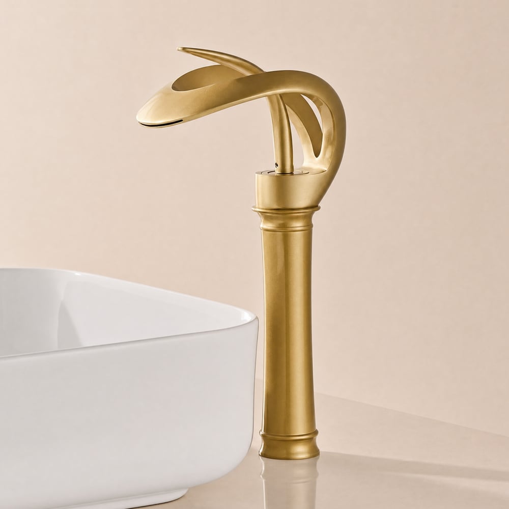 Modern Elegant Waterfall Bathroom Vessel Sink Faucet Single Handle Solid Brass in Gold window image