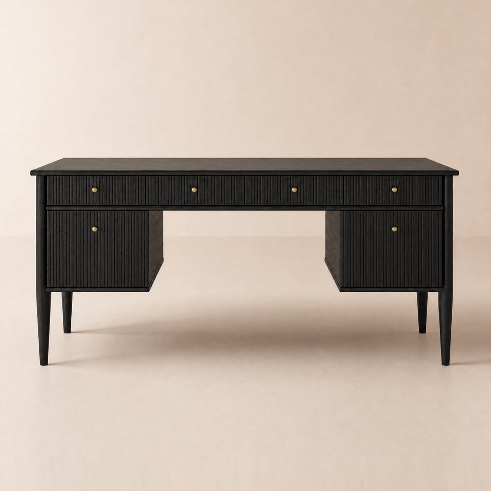 Mid Century Modern 64" Rectangular Black Wood Desk with 6 Drawers window image