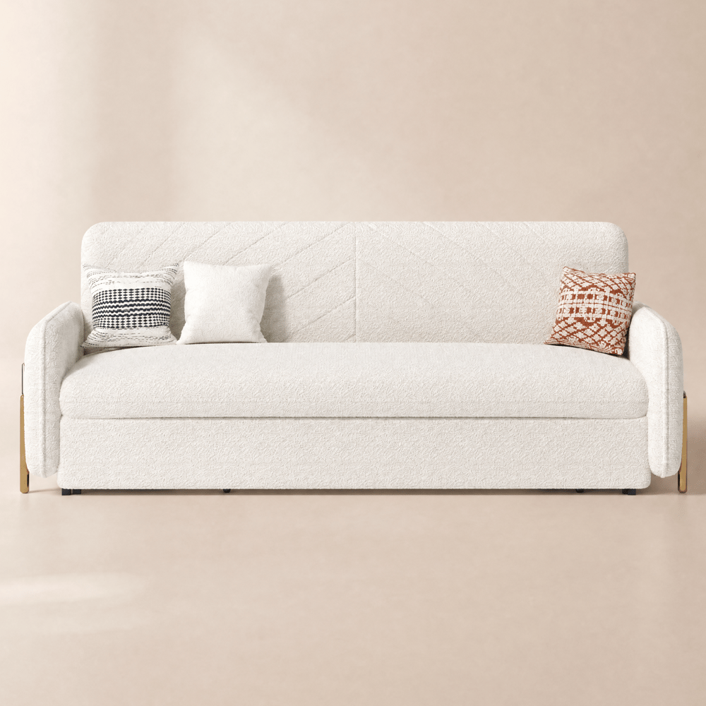 170 cm 3-Seater Warm White Boucle Convertible Sleeper Sofa with Storage & Pillows window image