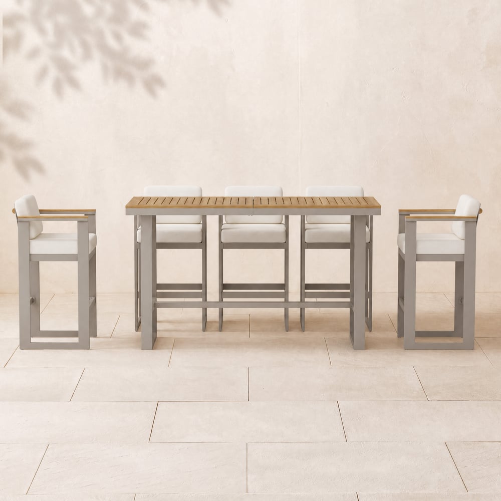 Tevara Teak Outdoor Bar Setting with Sand-Toned Frame & Warm White Cushions window image