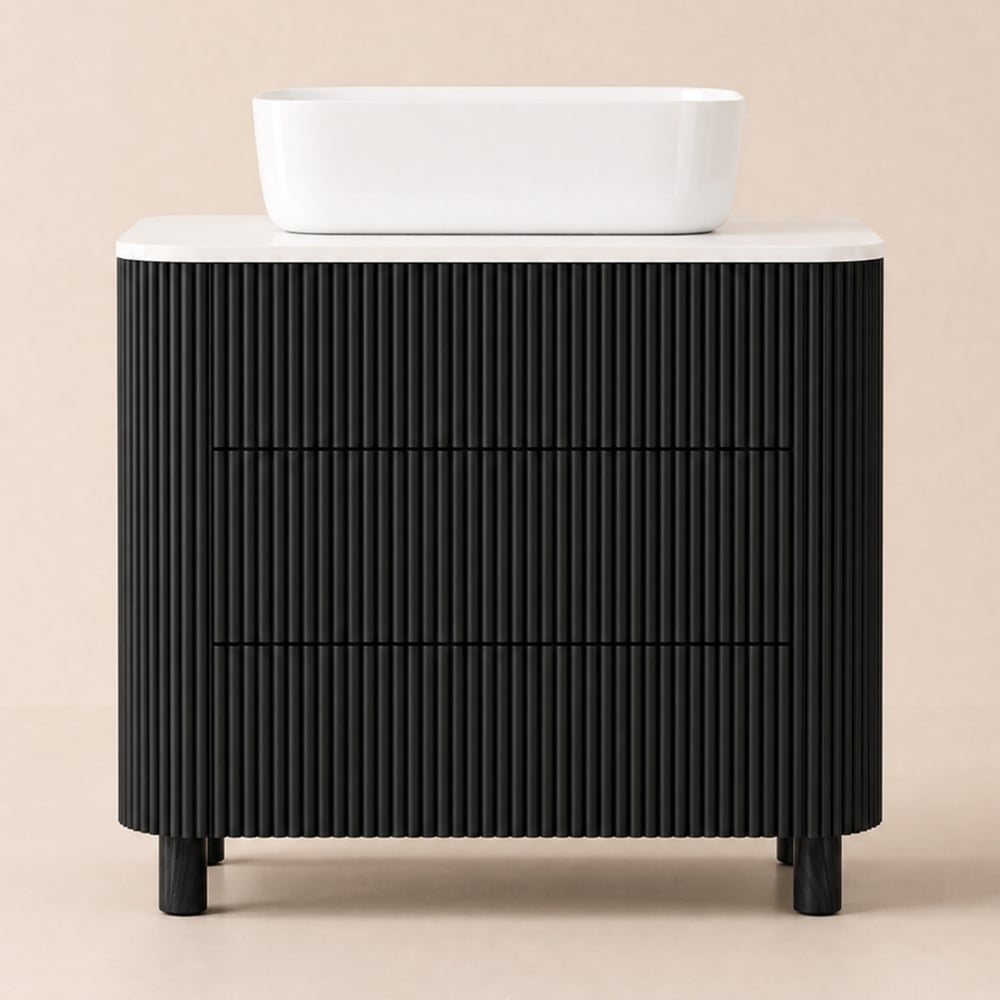 32" Fluted Freestanding Bathroom Vanity with Vessel Sink, 3-Drawers, Sintered Stone top window image