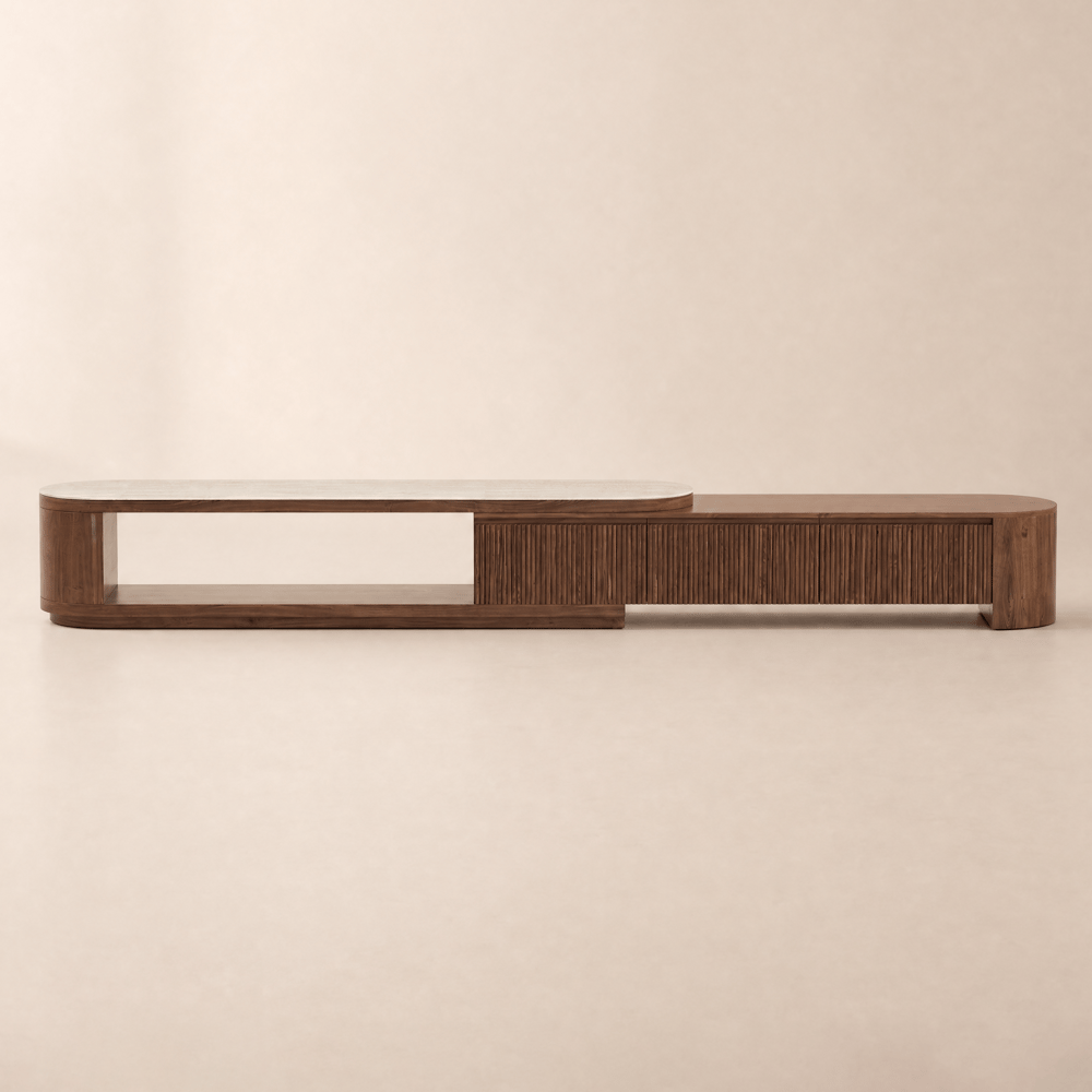 Mueble TV extensible Velar de 180-290 cm con diseño acanalado, chapa de piedra sinterizada y 3 cajones Imagen de ventana