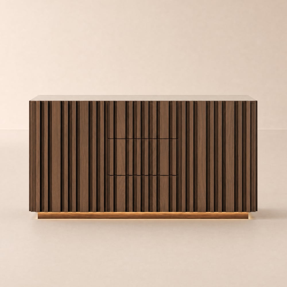 Aura 60" Walnut Faux Travertine Sideboard with Ash Wood Slatted Doors & LED Light window image