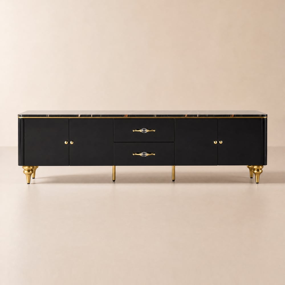 Modern 79" Black TV Stand with 4 Doors and 2 Drawers window image
