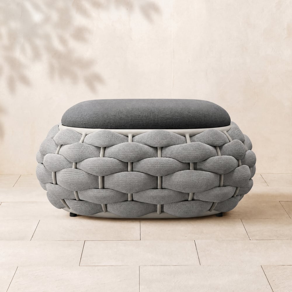 Poggiapiedi in corda intrecciata a mano da esterno Cocaro con contenitore, pouf in grigio Immagine della finestra