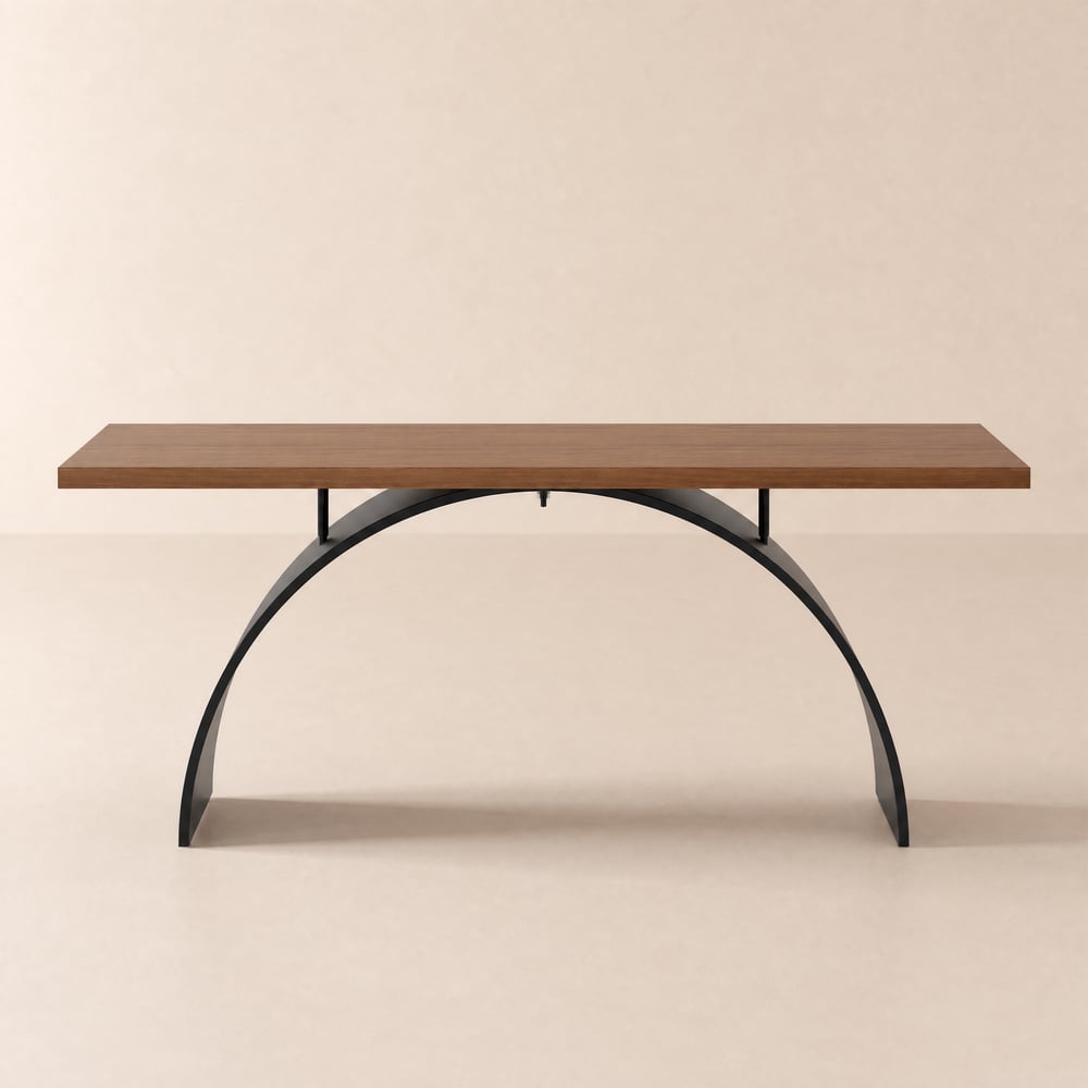 Escritorio industrial rectangular de madera de nogal de 180 cm con base de metal Imagen de ventana