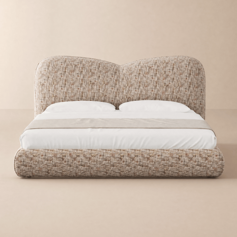 Modern Queen Size Chenille Upholstered Bed with Butterfly Shaped Headboard window image