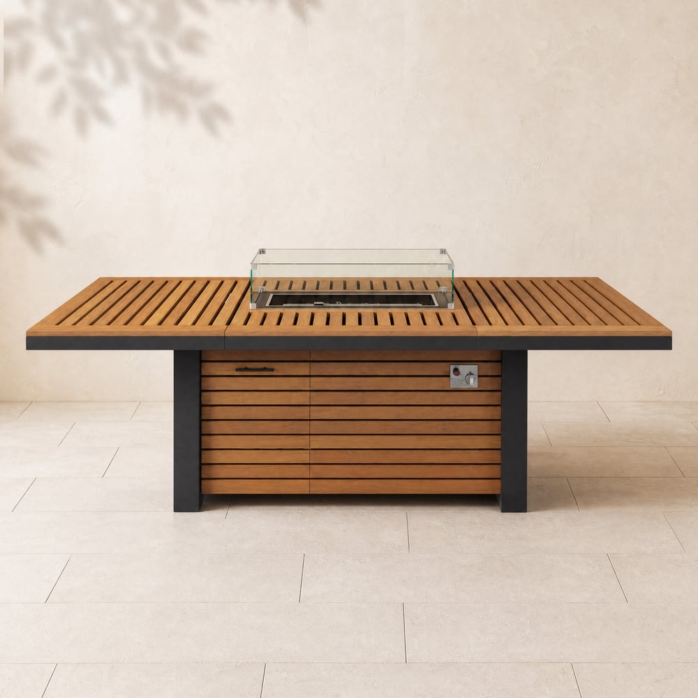 Tevara 240 cm Outdoor Propane Fire Pit Dining Table with Hidden Tank & Wind Shield window image