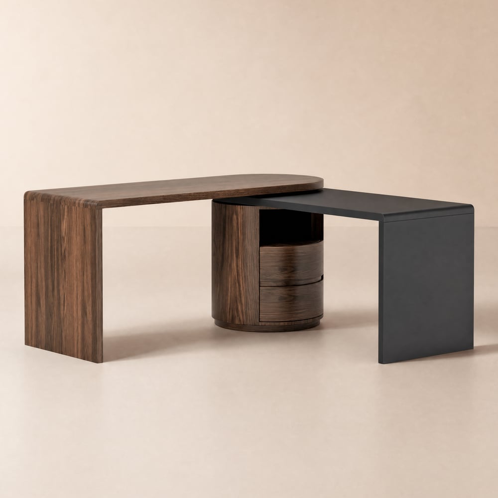 L-förmiger drehbarer Schreibtisch mit Schubladen in Schwarz und Walnuss, 152 cm image de fenêtre