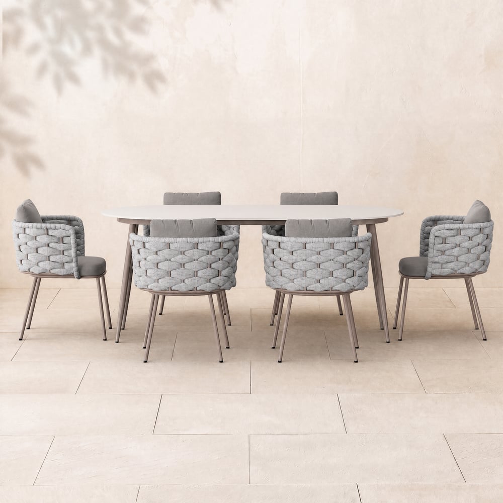 7 Pieces 70.9" Outdoor Sintered Stone Top Dining Table Set with Rope Woven Armchairs window image