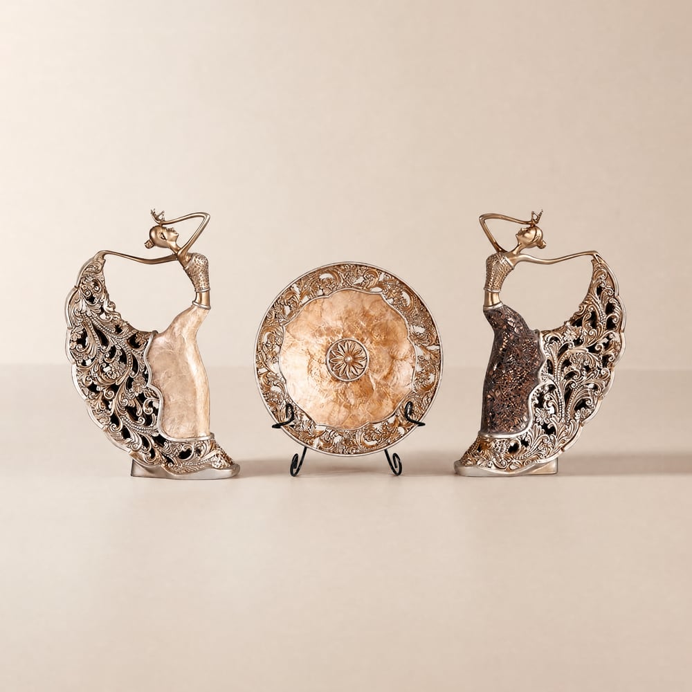 3PCS Zestaw rzeźb posągów w stylu vintage złota Romantic Shell Dancer Decor Desktop obraz okna