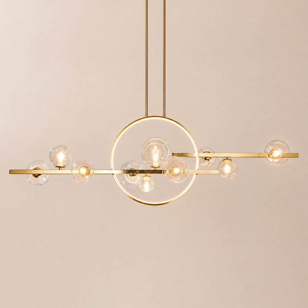 Bubi 10-Light Gold Modern Kitchen Island Light for Dining Room with Glass Globe Shade window image