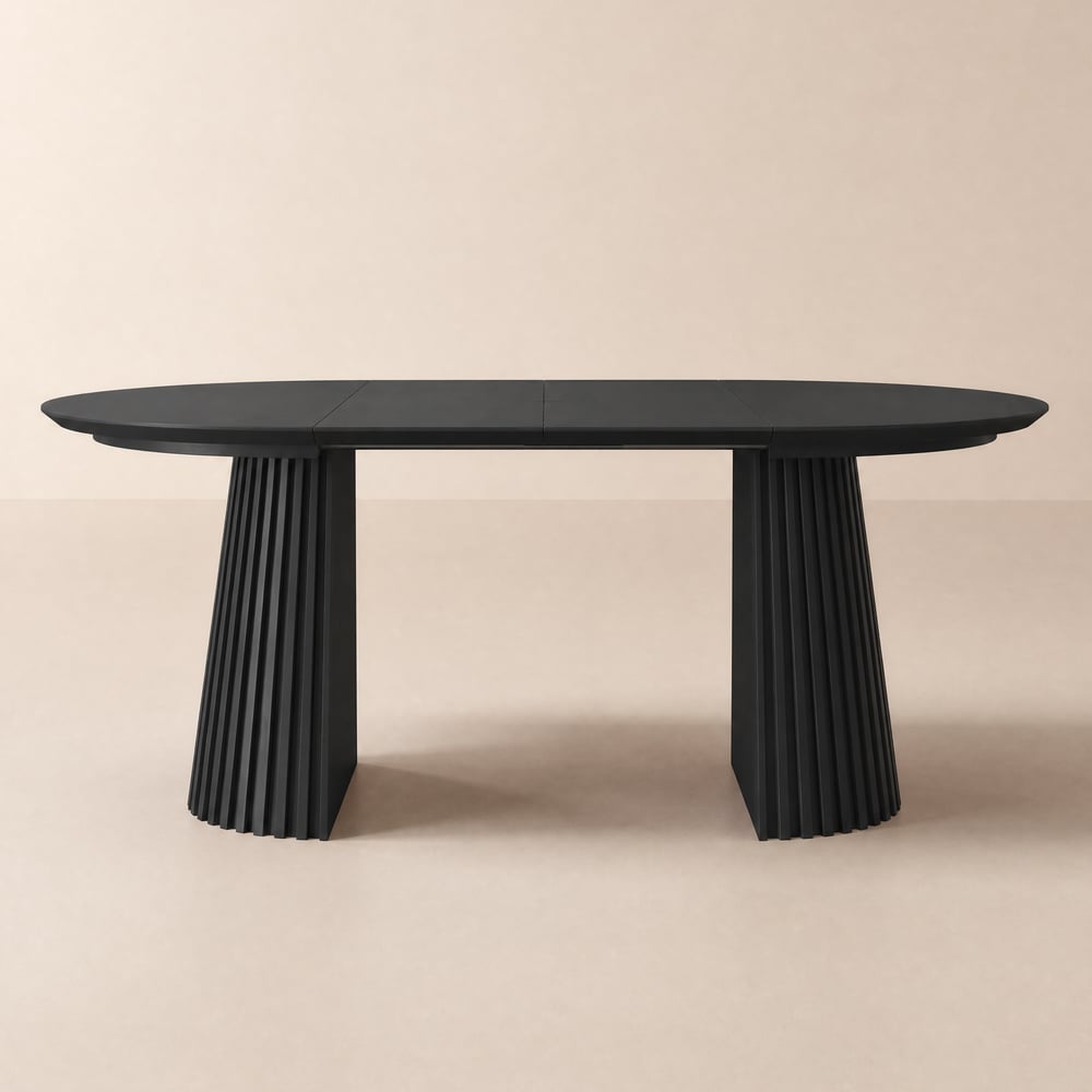 Modern 47"-79" Extendable Black Wood Dining Table with Fluted Base, Seats 4-6 window image