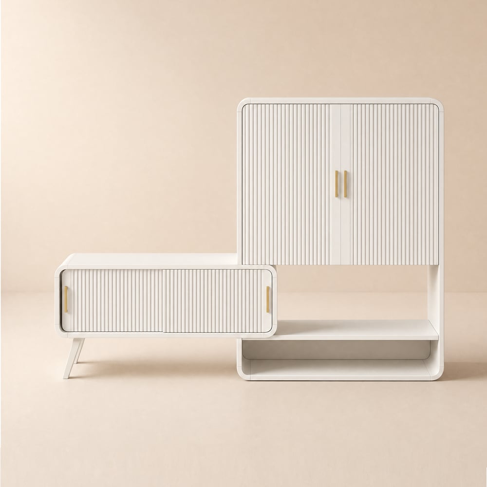 Meuble à chaussures de 37 pouces, blanc chaud, pour entrée, avec façades cannelées, main gauche image de fenêtre
