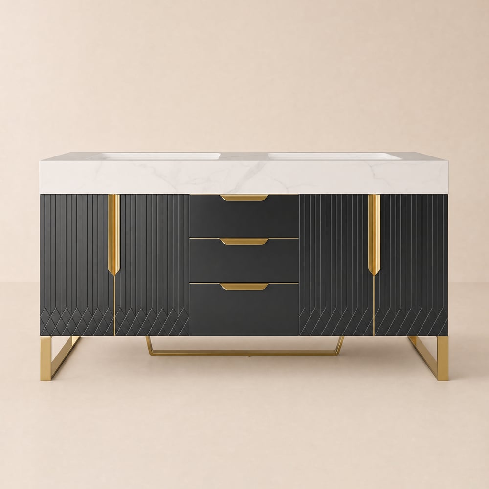 Aro 59" Freestanding Double Bathroom Vanity with Sink, Sintered Stone Top window image