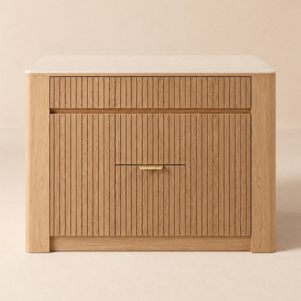 Isola Cucina Mid-Century 129 cm Lucida Pietra Sinterizzata Naturale con Cassetti Immagine della finestra