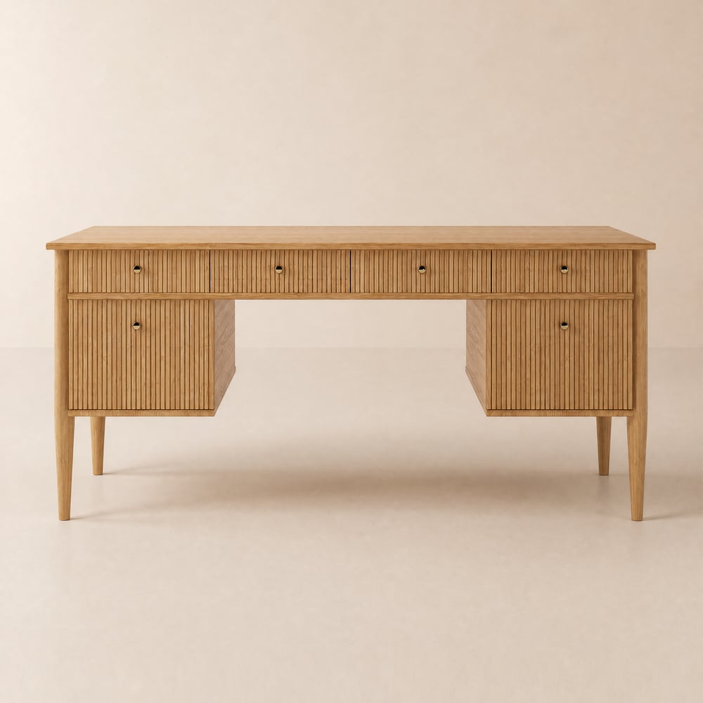 Mid Century Modern 64" Rectangular Natural Wood Desk with 6 Drawers window image