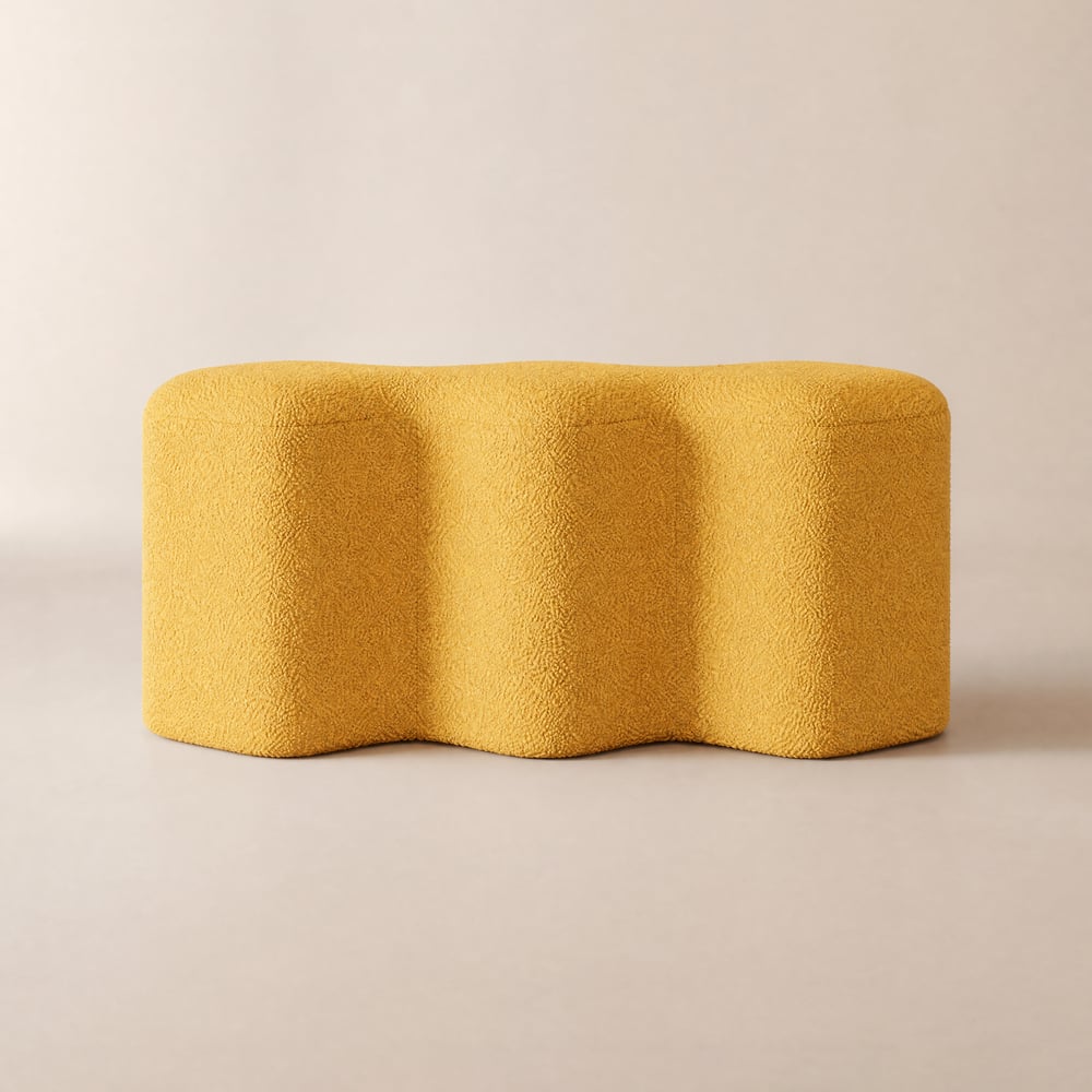 Banc d'entrée jaune moderne rembourré en boucle, pouf Molecule, cadre en bois image de fenêtre