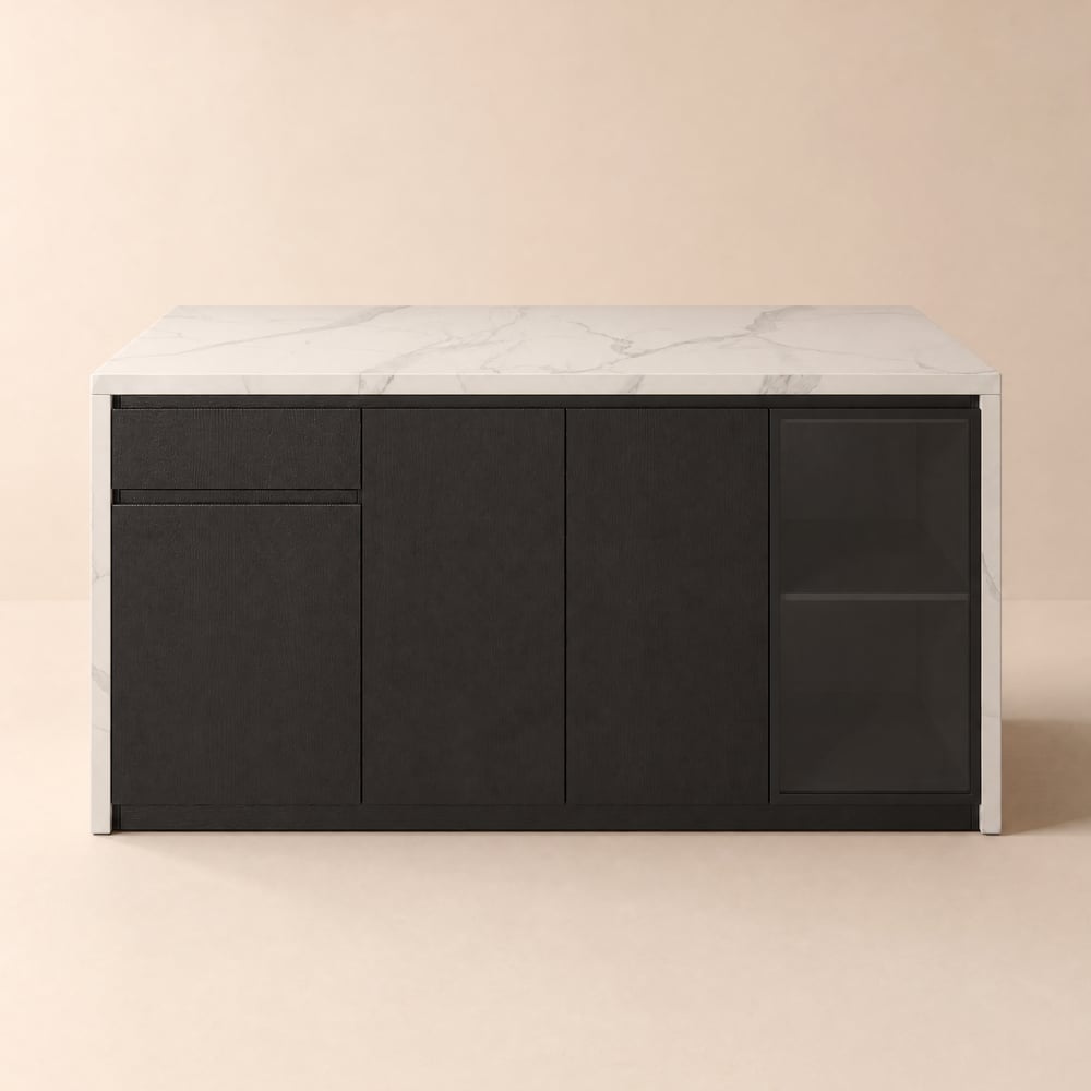 Isola da cucina con bordo a cascata LED in bianco e nero con contenitore, 182 cm Immagine della finestra