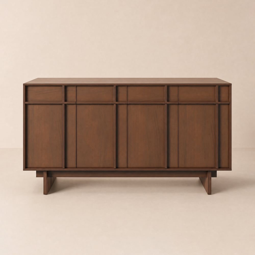 Credenza Panvyr Mid Century da 60 pollici in legno di noce con contenitore e ripiani regolabili Immagine della finestra