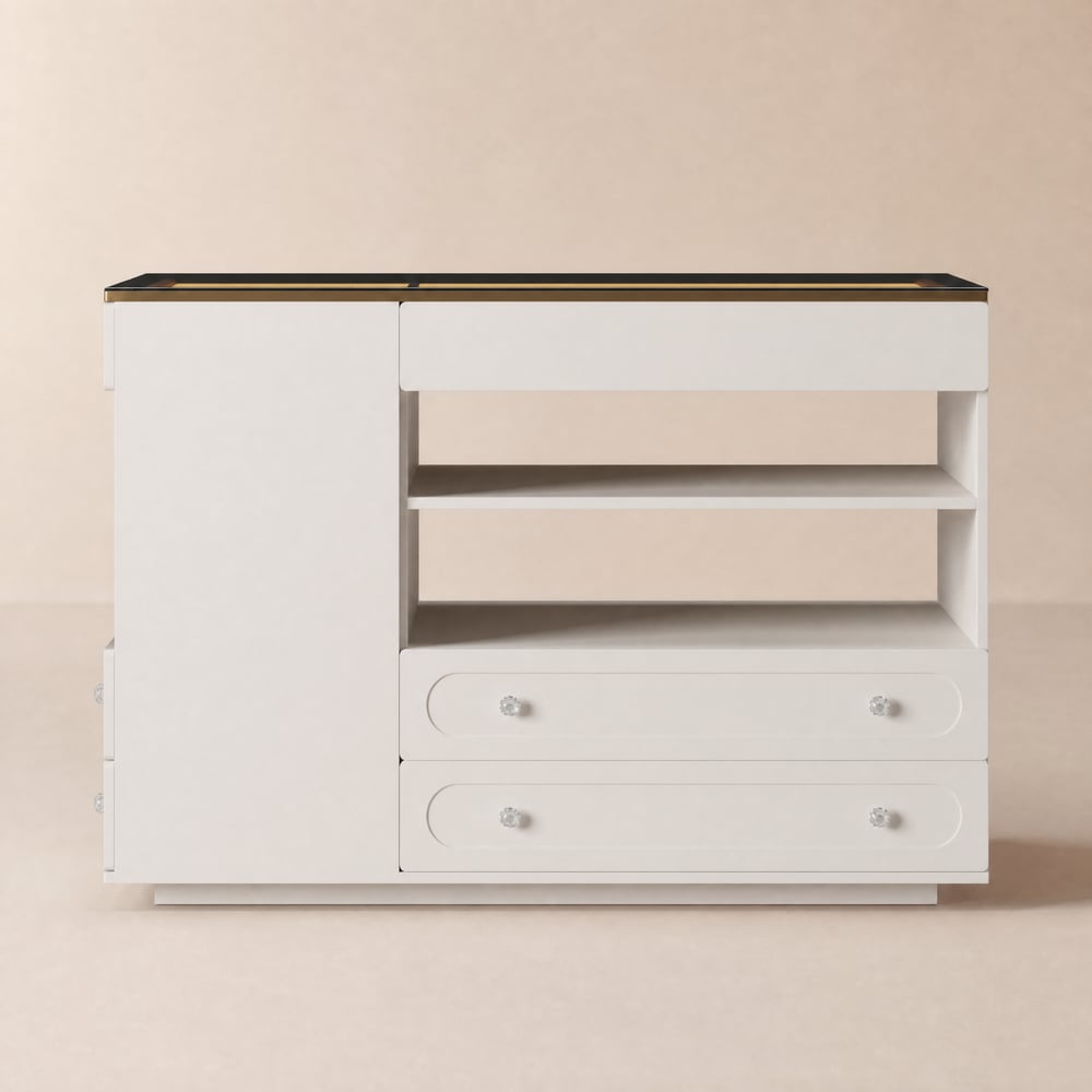 120 cm Glass Top White 9-Drawer Dresser with Light and Jewelry Display window image