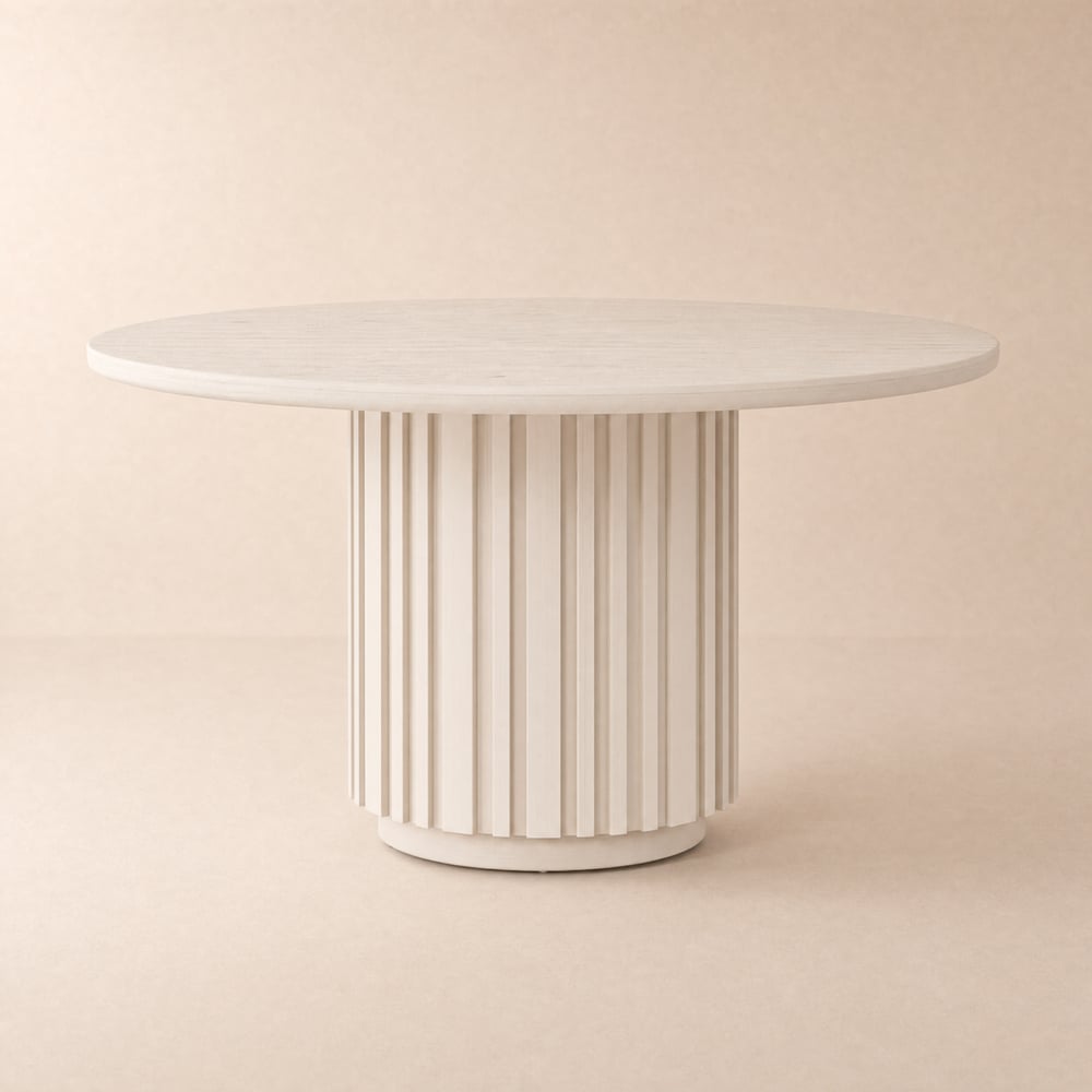 Aura 47" Round Whitewash Faux Travertine Sintered Stone Dining Table, Fluted Base, Seats 4 window image